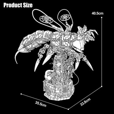 Abeille mécanique assemblée — vue d'ensemble avec ailes battantes