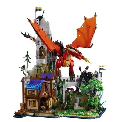 Jeu de construction château fort médiéval avec dragon gardien au sommet