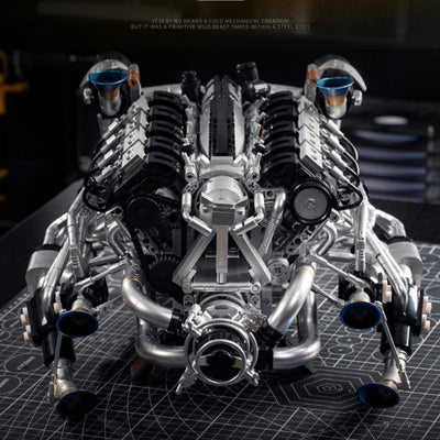 moteur V8 à construire vue de face, détails mécaniques visibles