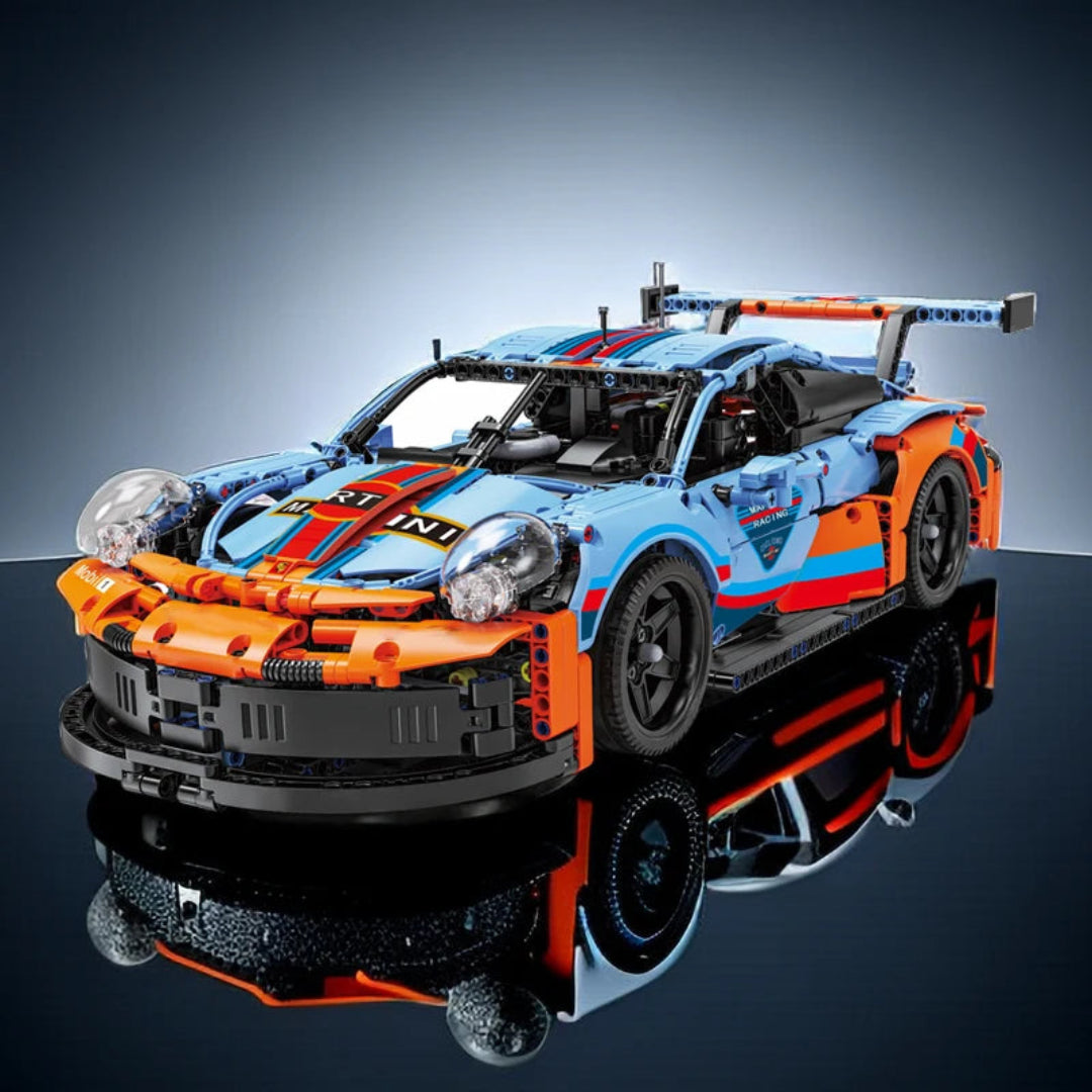 jeu de construction voiture Porsche GT2 Clubsport vue de face avant, livrée bleu et orange
