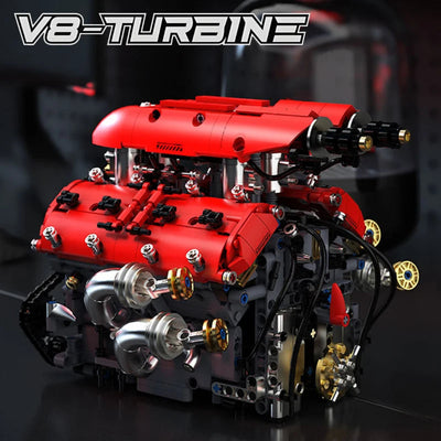 Moteur V8 vue de côté avec culasses et arbres à cames détaillés